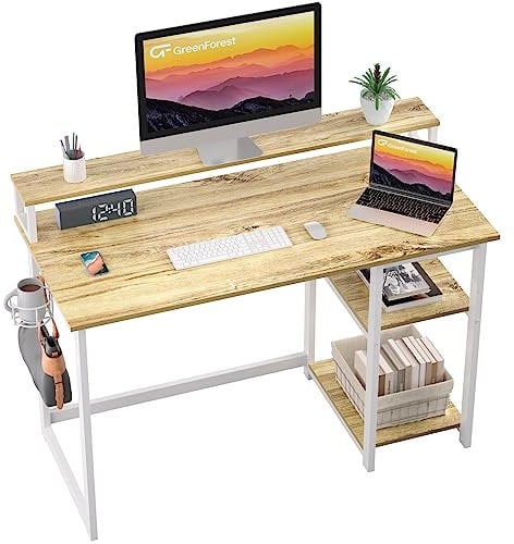GreenForest Office Desk with Full Monitor Stand,100 cm Home Computer Desk with Reversible Storage Shelves,Small Study Desk with Headphone Hook and Cup Holder,Oak
