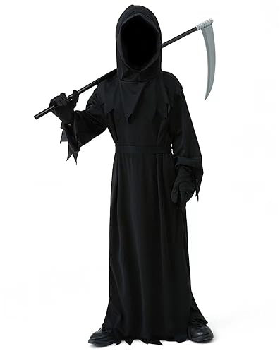 YIMOJOY Halloween Kostüm Gruselig Sensenmann Kostüm Kinder mit Sense,Masken,Handschuhe - Kinderkostüm Sensenmann Jungen Reaper Halloween Kostüm für Kinder Karnevals Cosplay(S:5–7 Jahre)