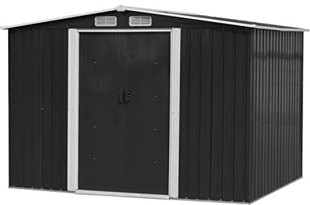 Garden Storage Shed Metal 6 x 8 FT Outdoor with Base 4 Vents Lockable Sliding Doors Sloped Apex Roof for Patio Backyard Bike Tool All-Weather (Grey)