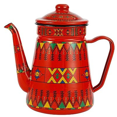 Folpus Emaille-Kaffeekanne, floraler Heißwasserkessel mit, Wasserkanne, Vintage-Emaille-Teekanne, Rot 1,2L