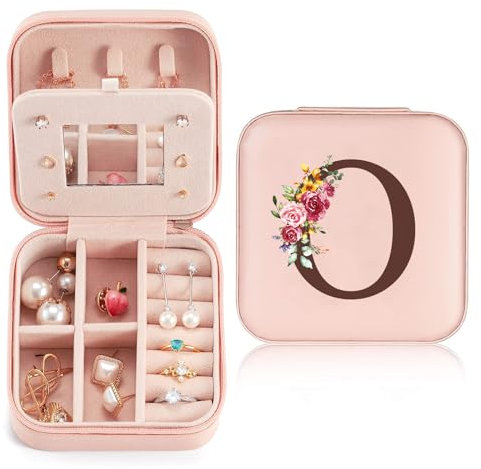 Reise Schmuckkästchen Klein mit initialen O und Blume, Schmuckaufbewahrung für Damen PU-Leder, Mini Schmuckschatulle Schmuckkasten für Damen Mädchen Geschenk für Geburtstag, Weihnachten, Muttertag