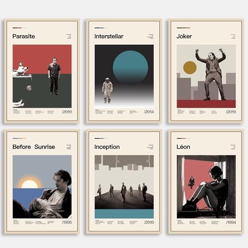 DECORRECOR Filmposter, 6 Stück, ungerahmt, Leinwand, Wandkunst, A4, klassische Vintage-Film-Poster für ästhetische Wanddekoration (DR-MP-4)