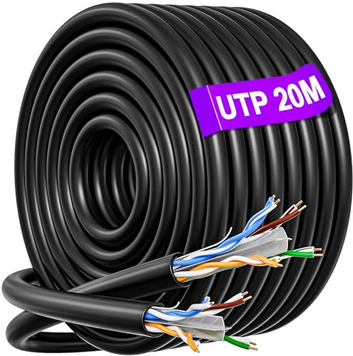Cavo Ethernet 20 metri, Cat 6 Cavo LAN Alta Velocità Cavo di Rete 20m Esterno Impermeabile, 23AWG Lungo Installazione Cavo Internet, UTP RJ45 Gigabit 250MHz Banda Larga Cavo Patch Nero per Router