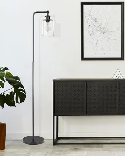 EDISHINE Stehlampe Wohnzimmer, Schwenkbarer Glas-Lampenschirm, Schwarze Standleuchte Industrial, Bodenlampe mit Fußschalter, Stehleuchte für Arbeitszimmer, Ecke, E27 Sockel, inkl. 6W LED Leuchtmittel