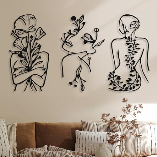 Photect Lot de 3 décorations murales en métal abstraites minimalistes en métal pour chambre à coucher, cuisine, salle de bain, salon (noir, plante)