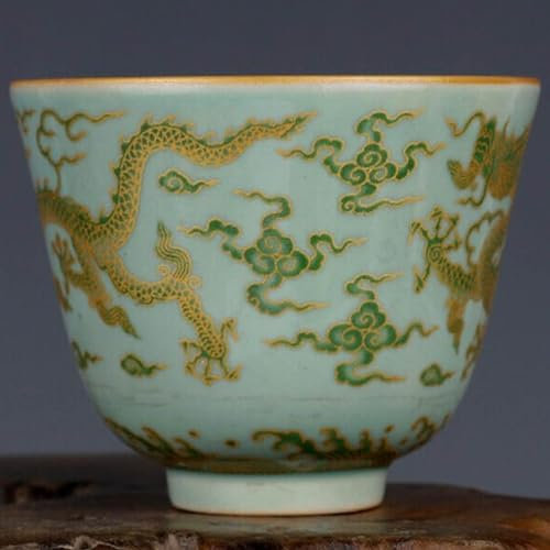 ZORZA Juego de té, Tetera, Juego de té gaiwan, Tazas de té de Kung Fu,Taza pequeña Taoci de Color Verde y Estampado de dragón Dorado,Familia Jingdezhen China Antigua