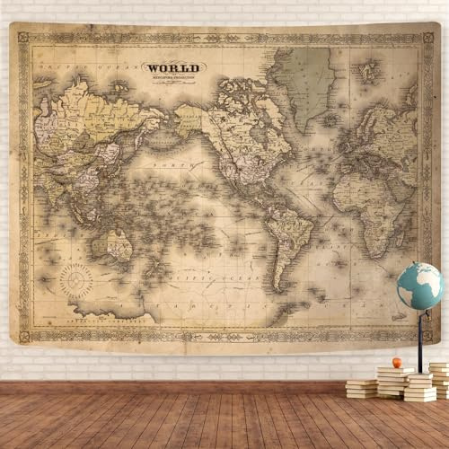 GOAOK Wandteppich, Retro-Stil, alte Weltkarte, asiatische nordeuropäische Topografie, Erde, pädagogischer Wandteppich für Klassenzimmer, braun, Abenteuer, Reisen, Weltkarte, Büro, Wandteppich