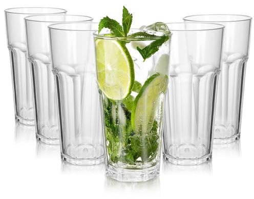 6PCS Verre a Eau Transparent, 420ml Acrylique Premium Réutilisable Gobelet Plastique, 13.5 OZ Verres Empilables et Incassables pour la Maison et le Pique Nique, Lavables au Lave Vaisselle