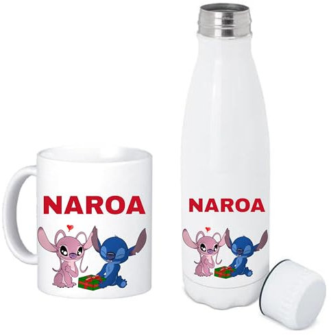 PersonalizaYa | Pack Taza CERÁMICA Y Botella Aluminio Stitch Personalizada | Lilo y Stitch Regalo Original | Taza con Nombre | Taza Personalizada
