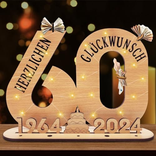 Koytoy Cartel de madera 2025, libro de visitas con LED, 60 cumpleaños, regalo de dinero para hombres y mujeres, regalo personalizado para 60 años, hombre, mujer, cumpleaños, decoración 60 para bodas,