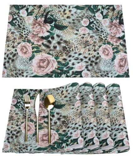 Leopard Flower Print Placemats Fabric Table Mats Set of 6 Leopard Placemat for Kitchen Dining Table Home Washable Non-Slip Heat Place Mat