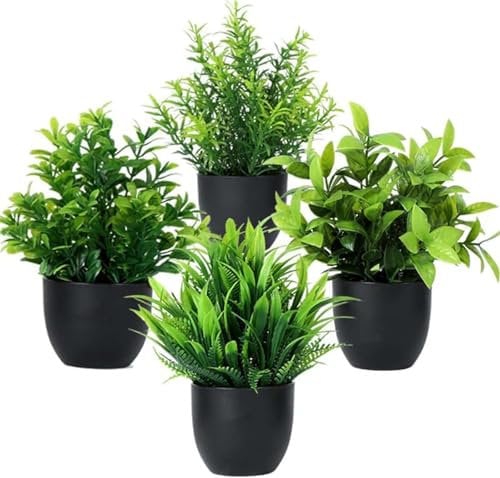 Laelfe 4 Pcs Small Artificial Plants in Pots Mini Fake Potted Plants for Indoor Table Desk Shelf Bathroom Decor (4 Black-New)