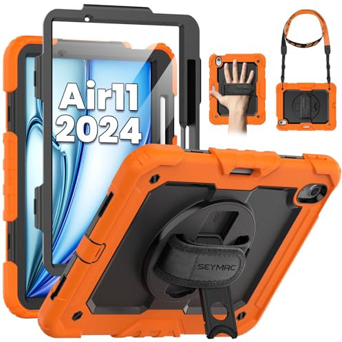 SEYMAC Coque pour iPad Air 11 Pouces 2024 M2 (6e Gén), Antichoc avec Protecteur d'Écran, Support Rotatif 360°, Dragonne, Bandoulière et Porte-Stylo - Orange