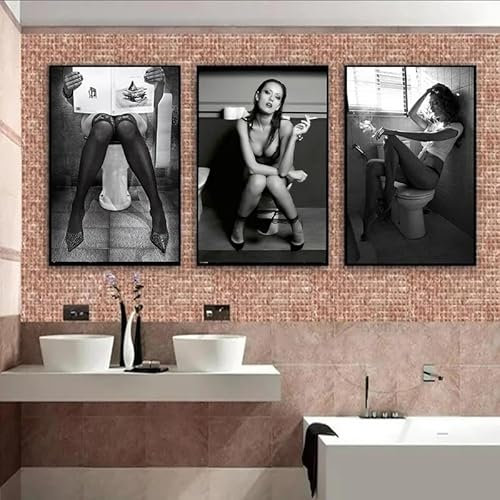 Yocheng Affiche en toile avec lecture du journal sur les toilettes, imprimés, Art mural en noir et blanc, femme Sexy, tableau d'art mural, décoration de maison, salle de toilettes 21x30cmx3 sans cadre