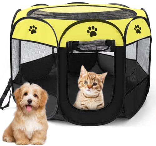 Recinto Cani da Interno, 74x74x43cm Recinto per Gatti, Box Pieghevole per Cane, Gabbia per Gatto Esterno, Box per Cucciolo Gattini Conigli, Giallo
