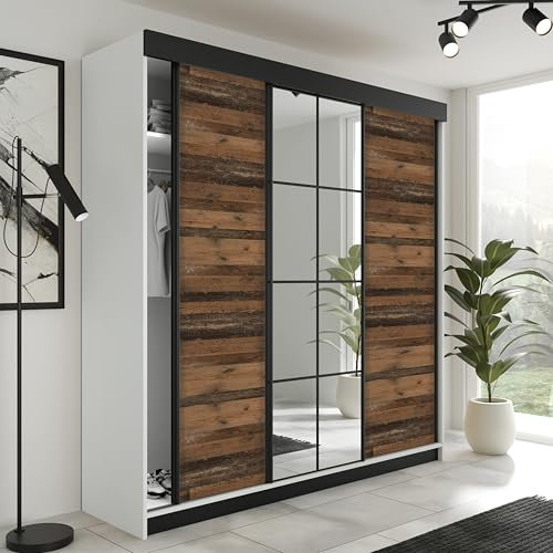 KIER FURNITURE Schiebegarderobe LAMARO mit Spiegel - Schrank Schlafzimmer – Schlafzimmerschrank – Wardrobe Bedroom – Kleiderschränke – Kleiderschrank - 200x205x59cm - Weiß & Old Style