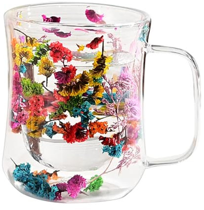 Fravsiu Glass Coffee Mugs | Double Wall Tea Cups | Clear Espresso Cups | Floral Patterned Mugs with Handle, Double Insulated Coffee Cups for Women