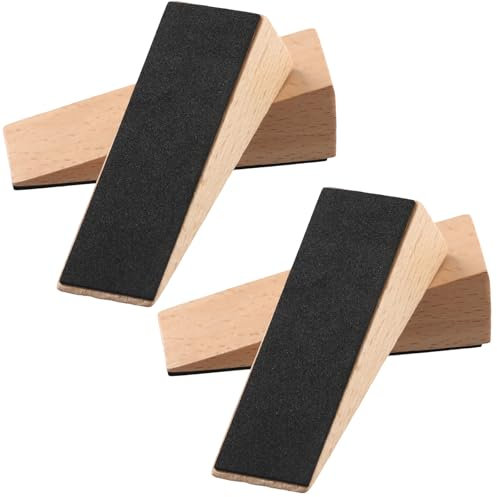 4 Pcs Door Stoppers for Floor, Non-Slip Wooden Door Stop, 9x3x2.5cm, Stackable Door Wedge with Heavy Duty Rubber Base, Door Jammer for Homes Offices Work Shops, All Types Surfaces (Beige)