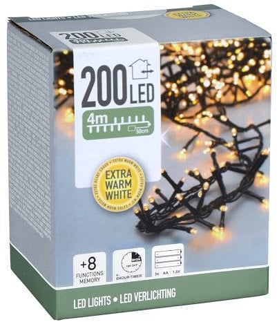 LED Lichterkette EXTRA warm weiß mit 8 Leuchtfunktionen - 200 LED auf 4m - Weihnachts Beleuchtung mit Speicherchip - Garten Advent Winter Deko Licht für Innen und Außen
