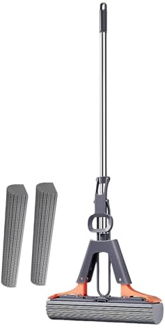 PVA Sponge Squeeze Roller Mop For Cleaning Floors, With Squeeze, 2 Sponge Head Refills, Telescopic Handle, For Hardwood & Laminated Floors