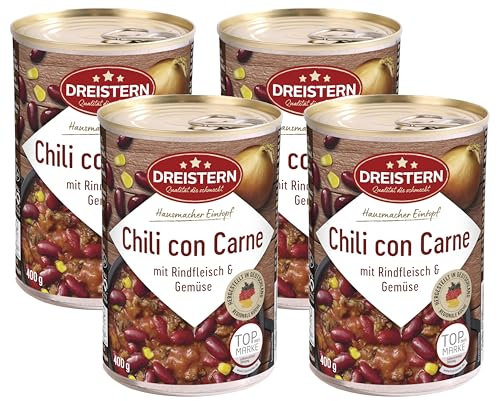 DREISTERN Chili con Carne 400g | Pikanter Eintopf in der recyclebaren Konservendose | viel Einlage mit Bohnen & Mais (Packung mit 4)