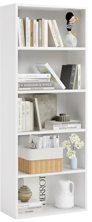 oneinmil Bücherregal, Bücherschrank mit 5 Ebenen, Bücherregal Hoch, Standregal, Modernes offenes Regal aus Holz, für Wohnzimmer, Schlafzimmer, Büro, Arbeitszimmer, 23,5 x 55,5 x 151 cm, Weiß