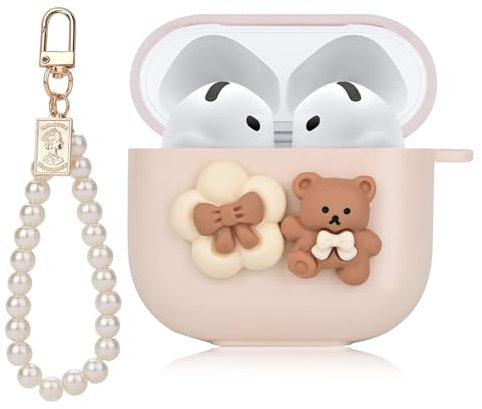 Yamobi Orso dei cartoni animati, fiocco e fiori con collana di perle per AirPods 4, custodia in silicone per AirPods 4a generazione 4, custodia morbida protettiva per AirPods, portachiavi