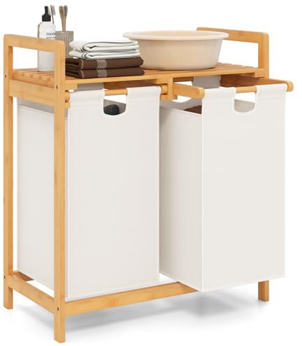 COSTWAY Wäschekorb 2 Fächer, mit 2 ausziehbaren Wäschesäcken, Wäschesammler mit Ablage, Wäschesortierer Bambus für Bad, Wohnzimmer und Schlafzimmer (Weiß)