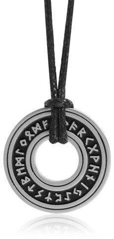 Vintage nordische Wikinger-Runen-Halskette, Corsair-Runenform, älterer Futhark-Ring,Kreisförmiger Talisman-Anhänger aus Edelstahl, Verstellbare Lederkette, Ideal als Geschenk für Männer und Frauen