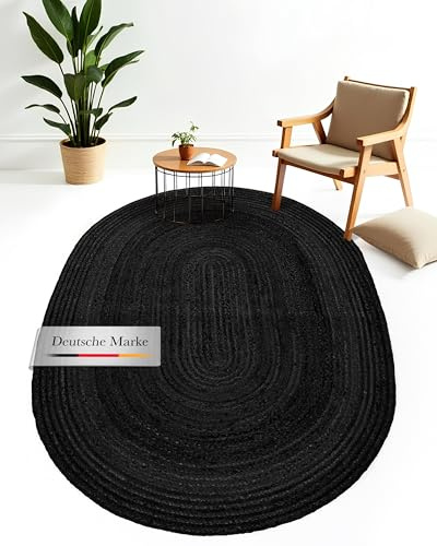 carpetfine Juteteppich Nele Anthrazit handgewebt aus Jute 80x150 cm | Oval Naturfaserteppich im Boho Style für Wohnzimmer, Küche und im Flur