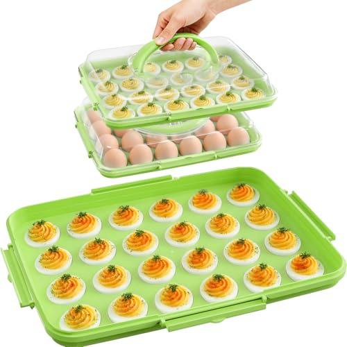 Deviled Egg Containers with Lid - 2 Pack 48 Count Reusable Platter Storage Tray with Handle for Refrigerator, Party, Thanksgiving, Christmas, Easter, Potlucks, Tea Parties, Picnics, Brunches (Green)