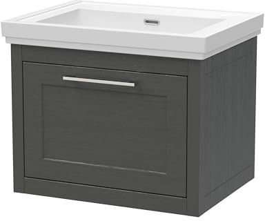 Balterley Vanity Unit with Basin Wall Hung, Single Drawer Soft Close with No Tap Hole Rectangular Sink and Handle, Bathroom Vanity Units, Traditional Sink Cabinet - 630 x 471 x 515mm (Dark Grey)
