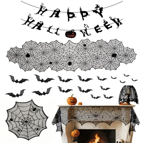 36 Pack Halloween Decorations Set,Black Lace Spiderweb Tablecloth & Table Runner, Fireplace Mantel Scarf, Spider Lampshade Covers with 16PCS 3D Bats for halloween decorations indoor