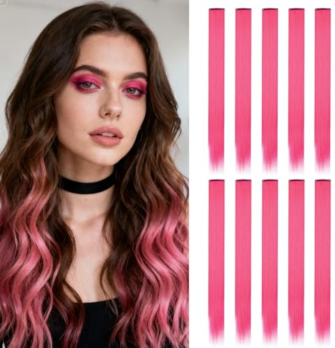 10Pcs Rose Red Hair Extensions, 22 Inch Rose Red Clip In Hair Extensions for Women Girls Daily Party