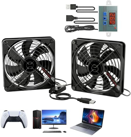USB Lüfter 120mm mit Digitaler Temperaturregler, 5V Dual USB PC Lüfter mit 3 Einstellbare Geschwindigkeiten, Ventilator Gehäuselüfter, Lüfter USB Dual Kugellager für PS5/Router/TV Box/Laptop