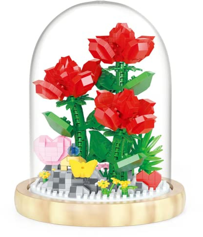 CAKEEYUM Kit de Construction de Fleurs Bouquets Fleurs Roses Rouges avec Jouets Construction légers avec Housse Anti-poussière pour décoration Bureau Saint Valentin pour Elle Kit 685 pièces BOU