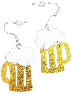 Gold Glitter Beer Mug Dangle Earrings, Sparkly Drop Earrings for Women, Lightweight Themed Jewelry, Fun Party Accessory (Gold)