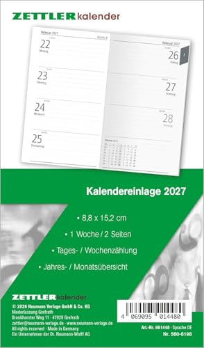 Kalenderersatzeinlage TP 1W/2S 2027: Ersatzkalendarium 9x15 cm für Taschenplaner Typ 560, 1 Woche auf 2 Seiten, 112 Blatt