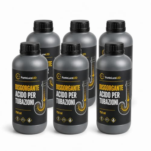 Disgorgante Acido per Scarichi 750 ml, Set 6 Pezzi, Sgorgante per Lavandini, Docce e Tubazioni, Totale 4,5 Litri