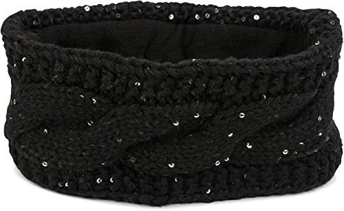styleBREAKER Damen Stirnband Grobstrick mit Zopfmuster und Pailletten, warmes Fleece Innenfutter, Haarband, Headband 04026002, Farbe:Schwarz
