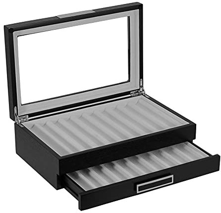 TIMELYBUYS 20 Piece Black Ebony Wood Pen Display Case Storage and Fountain Pen Collector Organizer Box with Glass Window Two Level Display Case with Drawer