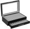 TIMELYBUYS 20 Piece Black Ebony Wood Pen Display Case Storage and Fountain Pen Collector Organizer Box with Glass Window Two Level Display Case with Drawer