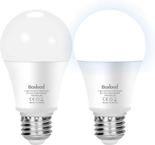 Boxlood 2 Pack E27 Dämmerungssensor Lampe Außen, 600LM ersetzt 60W 6000K kühles Weiß, Auto-Ein/Aus Lichtsensor LED, für Veranda, Garten, Hof, Terrasse, Flur