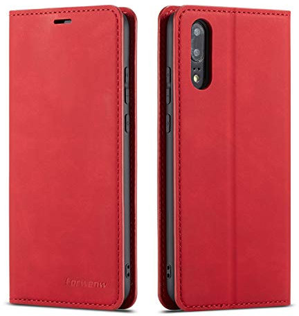 QLTYPRI Hülle für Huawei P20, Premium Dünne Ledertasche Handyhülle mit Kartenfach Ständer Flip Schutzhülle Kompatibel mit Huawei P20 - Rot
