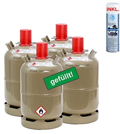 4 x Propan-Gas-Flasche 11 kg gefüllt, voll, inkl. Lecksuchspray für Camping, Gasgrill, Gaskocher