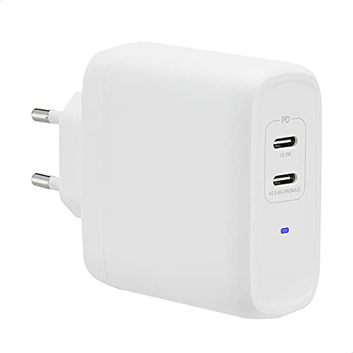 Amazon Basics Caricabatterie da parete USB-C a 2 porte, 68 W, GaN, per laptop, tablet e telefoni alimentati, bianco (non PPS), 6,6 x 2,94 x 6,24 cm