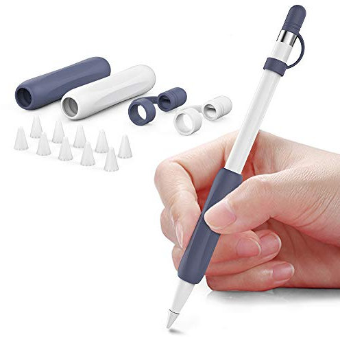 Delidigi 2 Stück Apple Pencil Griff Silikon Schutzhülle Ersatzkappe Zubehör Set Ergonomische Design Ärmel Halter Kompatibel mit Apple Pencil 1. Generation (Weiß, Mitternachtsblau)