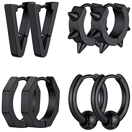FOCALOOK Herren Ohrringe Set in 4 paare schwarz Edelstahl Spike/Kreis/Dreieck/Achteck Huggie Creolen Ohrstecker Ohr Piercing Punk Stil Modeschmuck für Jungen Mädchen