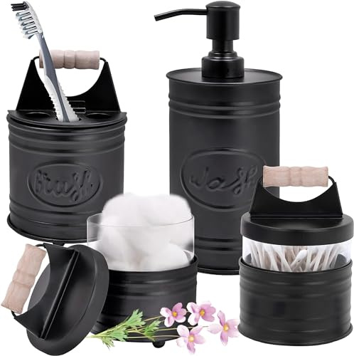 Autumn Alley Rustic Bathroom Accessories Set 4 - Black Farmhouse Soap Dispenser, Toothbrush Holder, 2 Apothecary Jars, Qtip Holder - Rustic Bathroom Decor