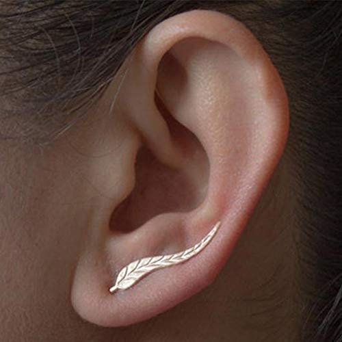 Yienate Tiny Leaf Earrings Studs Ear Climber Ear Clip Dainty Leaves Ear Crawler Gold Cuff Earrings for Women and Girls (Gold)